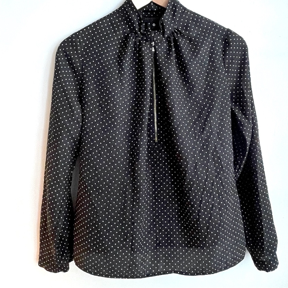 Worthington Black White Geometric Zipper Blouse Women’s Petite Small Office Top
